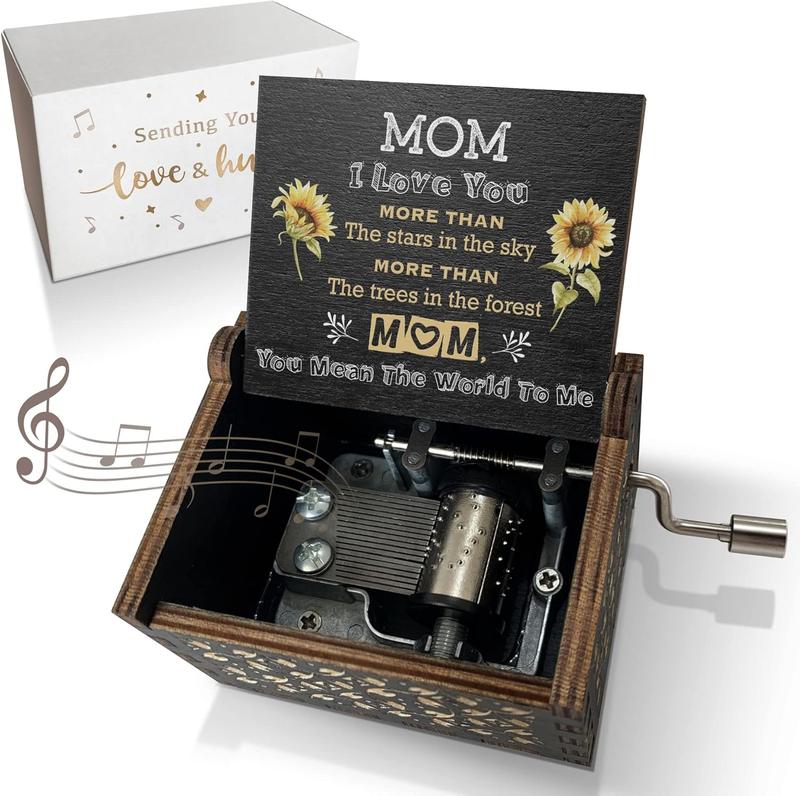 Music Box Gifts for Mom You are My Sunshine Hand Crank Engraved Wooden Musical Boxes Sunflower Gift for Mother on Birthday Christmas Mothers Day Black