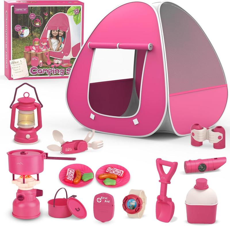 Kids Camping Set with Tent - Pop Up Tent, Kids Play Tent Outdoor Toys Camping Tools Set Gift for Girls Age 3 4 5 6 Year Old Birthday Christmas