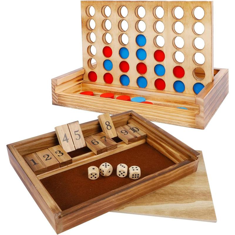 Tic Tac Toe & 4 in a Row Table Games Set - Rustic Decor Wood Strategy Board Games for Families