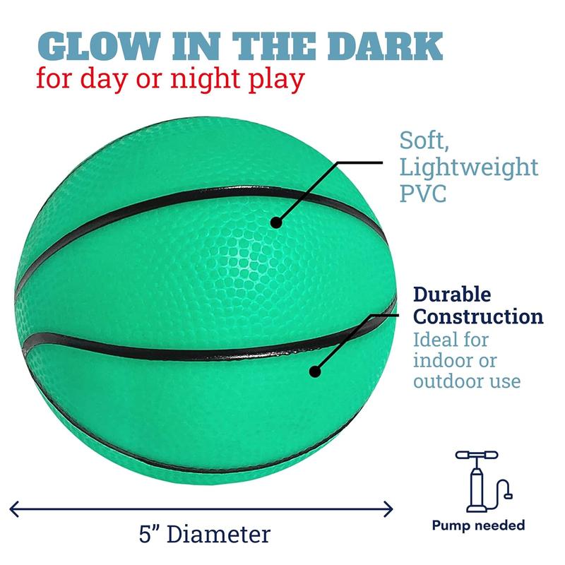 Glow in The Dark Basketball (2 Pack) - Fun Mini Glowing Ball Toys for Indoor or Outdoor Play - Soft, Lightweight PVC Material - Easy-Grip Design - Ideal for Nighttime Fun - Green, 5