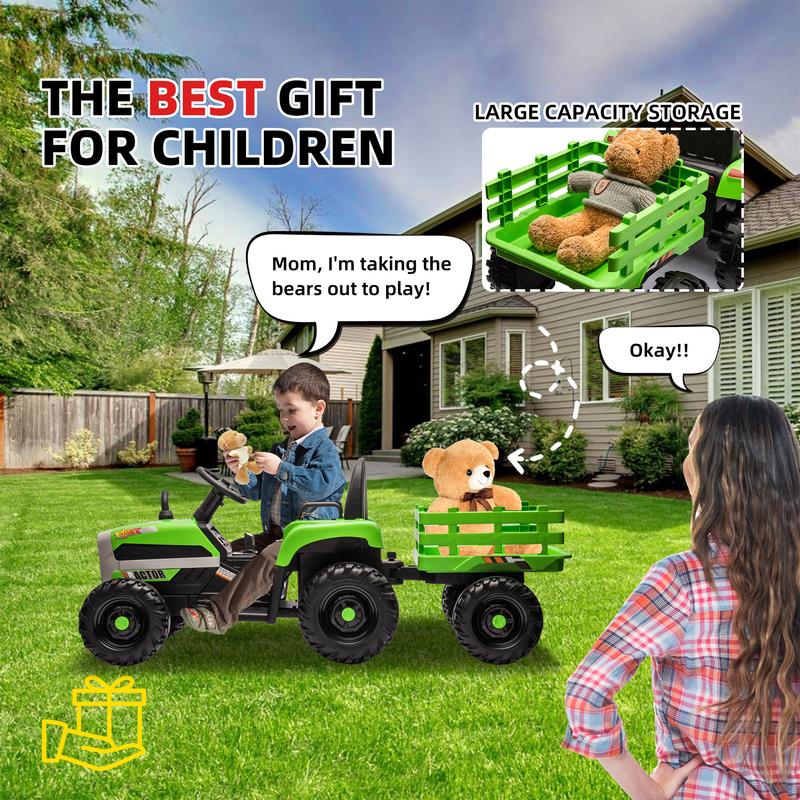 Ride on Tractor with Trailer,12V Battery Powered Electric Tractor Toy w Remote Control,electric car for kids,Three speed adjustable,Power display, USB,MP3 ,Bluetooth,LED light,Two-point safety belt