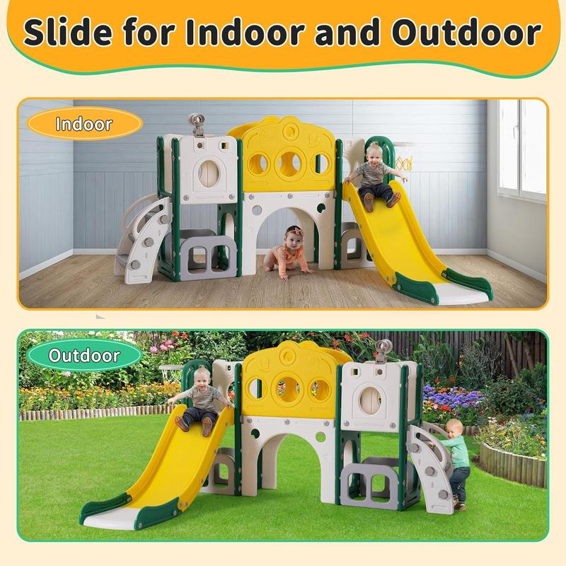 Halloween Gift 8 in 1 Toddler Slide, Toddler Slide for Age 1-3, Baby Slide for Indoor Outdoor with Basketball Hoop and Telescope, Toddler Playset Toddler Playground (Green) Toddler Indoor