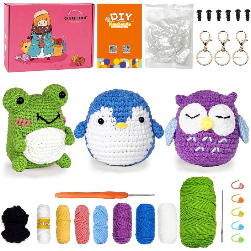 Christmas Crochet Kit for Beginners, 3 Pattern -Owl, Penguin, Frog, Knitting Kit for Adult  with Step-by-Step Video Tutorials and Yarns, Hook, Accessories