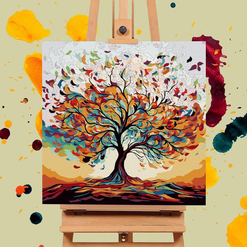 Framed Paint by Numbers Kit for Adults Beginners Tree of Life Acrylic Easy Paint by Number with Frame, Watercolor Paint by Number Kits on Canvas Framed (10 * 10 Inch, without Easel)