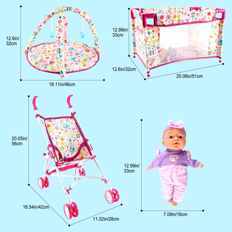 deAO Doll Stroller Nursery Role Play Set with a Variety of Feeding Toy and Play Mat Travel Cot Carrier Stroller and Travel Bag Christmas Gift