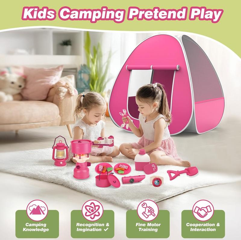 Kids Camping Set with Tent - Pop Up Tent, Kids Play Tent Outdoor Toys Camping Tools Set Gift for Girls Age 3 4 5 6 Year Old Birthday Christmas