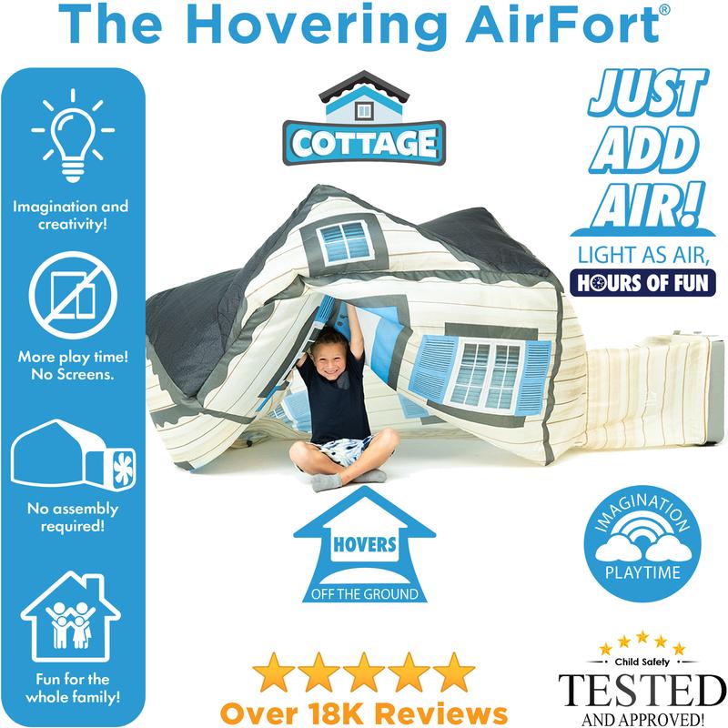 The Original Patented AirFort - Build A Fort in 30 Seconds, Inflatable Fort for Kids, Play Tent for 3-12 years, A Playhouse Where Imagination Runs Wild, Fan not included (Cottage) indoor tent