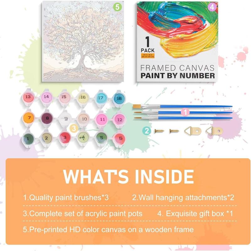 Framed Paint by Numbers Kit for Adults Beginners Tree of Life Acrylic Easy Paint by Number with Frame, Watercolor Paint by Number Kits on Canvas Framed (10 * 10 Inch, without Easel)