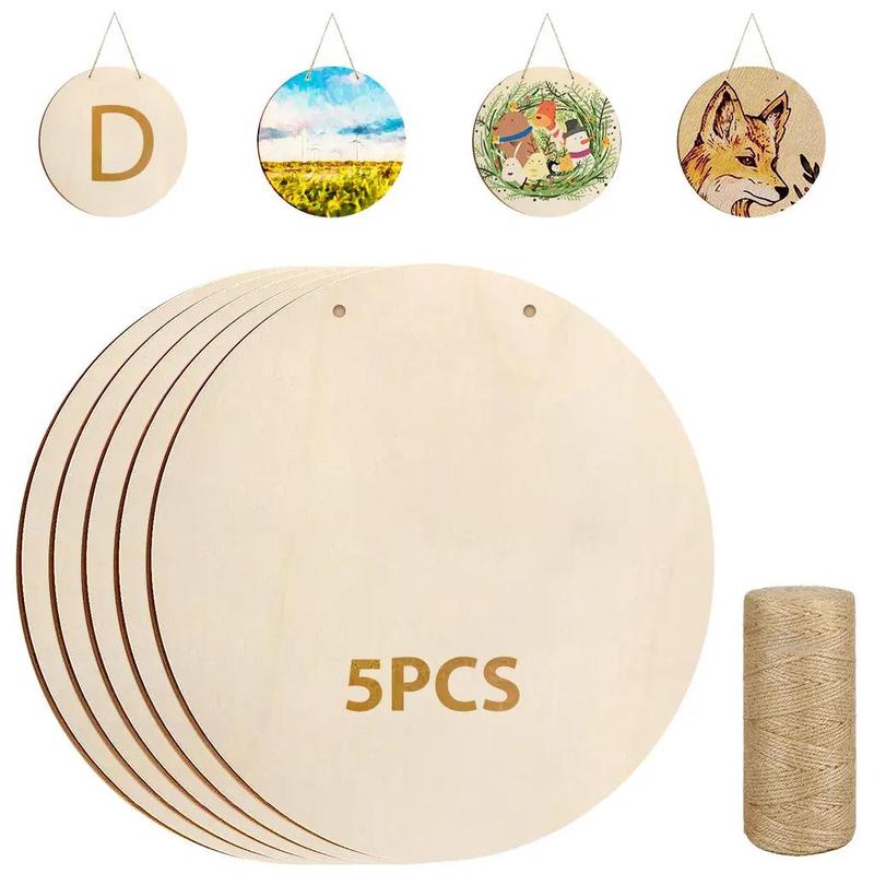 Unfinished Wood Craft, 5 10pcs DIY Wood Round with 50 Meters Hemp Rope, DIY Wood Circle, Wooden Round for Door Hanger, Home Decorations