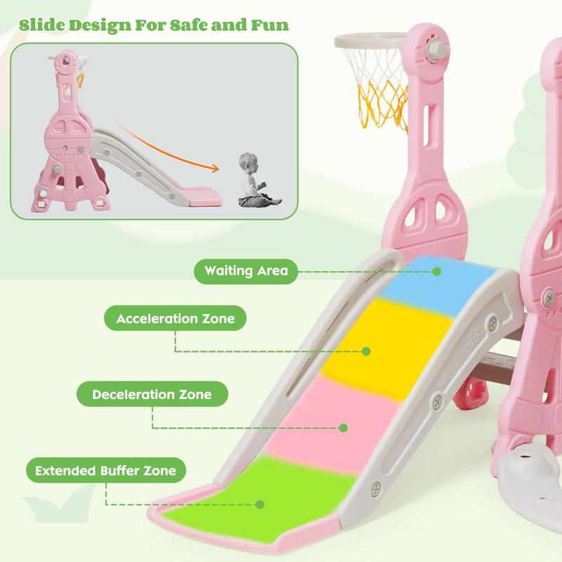 Four-in-One Slide and Swing Combination: A playground equipment with a swing, slide, climbing frame, and basketball hoop for boys and girls, indoor and outdoor backyard toys for New Year's gift to friends and family (pink)