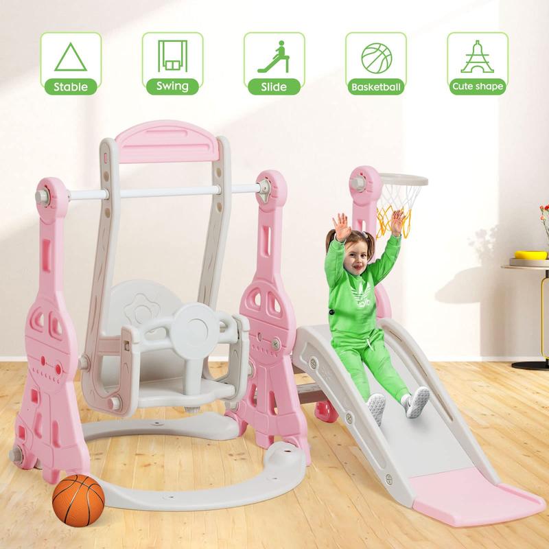 Four-in-One Slide and Swing Combination: A playground equipment with a swing, slide, climbing frame, and basketball hoop for boys and girls, indoor and outdoor backyard toys for New Year's gift to friends and family (pink)