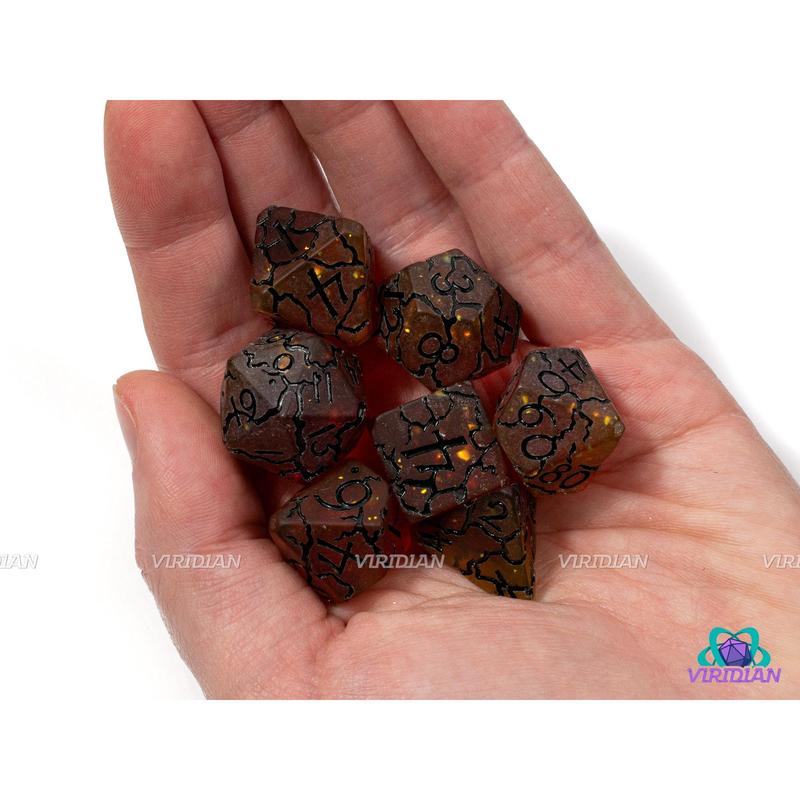 Magma Strike | Semi-Translucent Orange, Foil, Black Lightning Crack Design | Resin Dice Set (7)