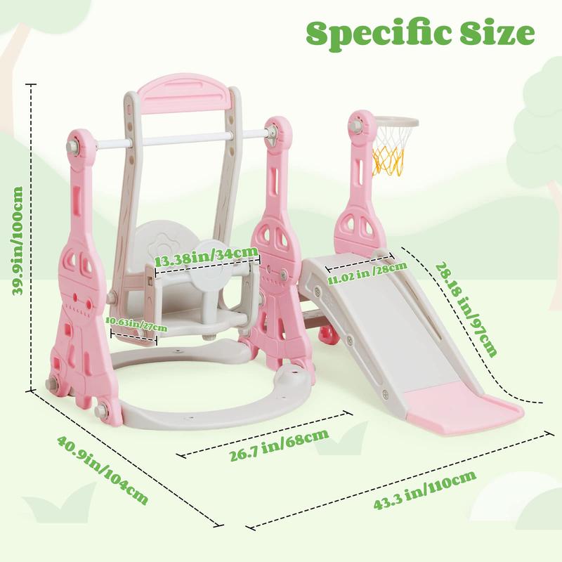 Four-in-One Slide and Swing Combination: A playground equipment with a swing, slide, climbing frame, and basketball hoop for boys and girls, indoor and outdoor backyard toys for New Year's gift to friends and family (pink)