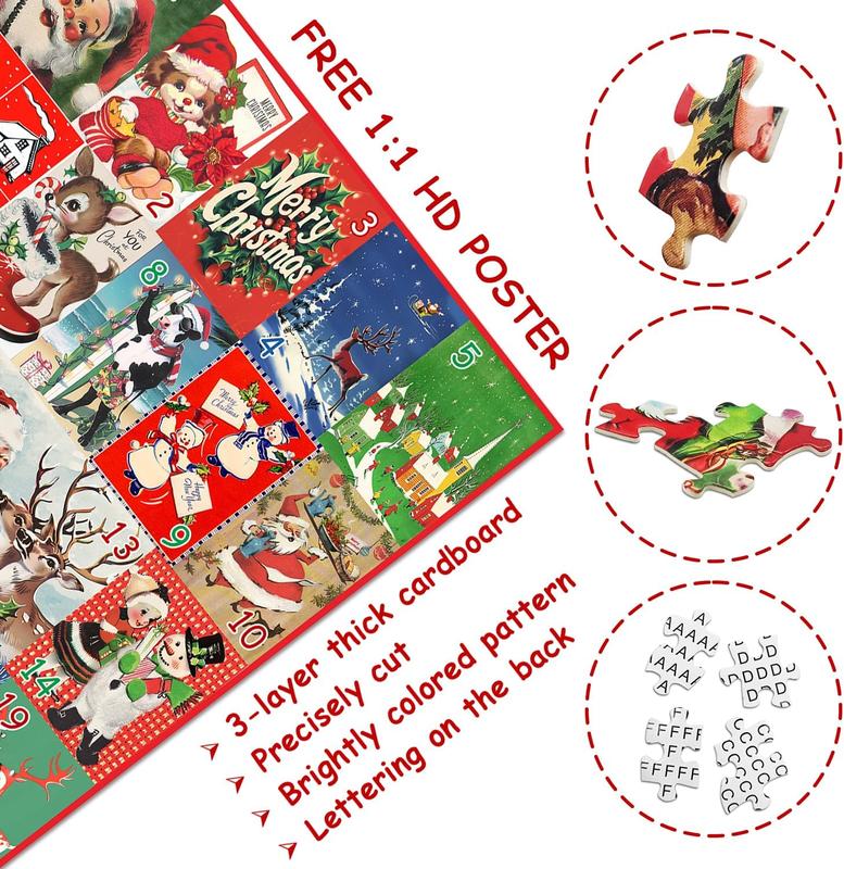 Christmas Puzzle, 2024 Advent Calendar gifts, Christmas Countdown Calendar 24 Days Jigsaw Puzzles, Vintage Holiday Christmas Postcards Puzzles as Christmas wall Decor, 1000 Pieces