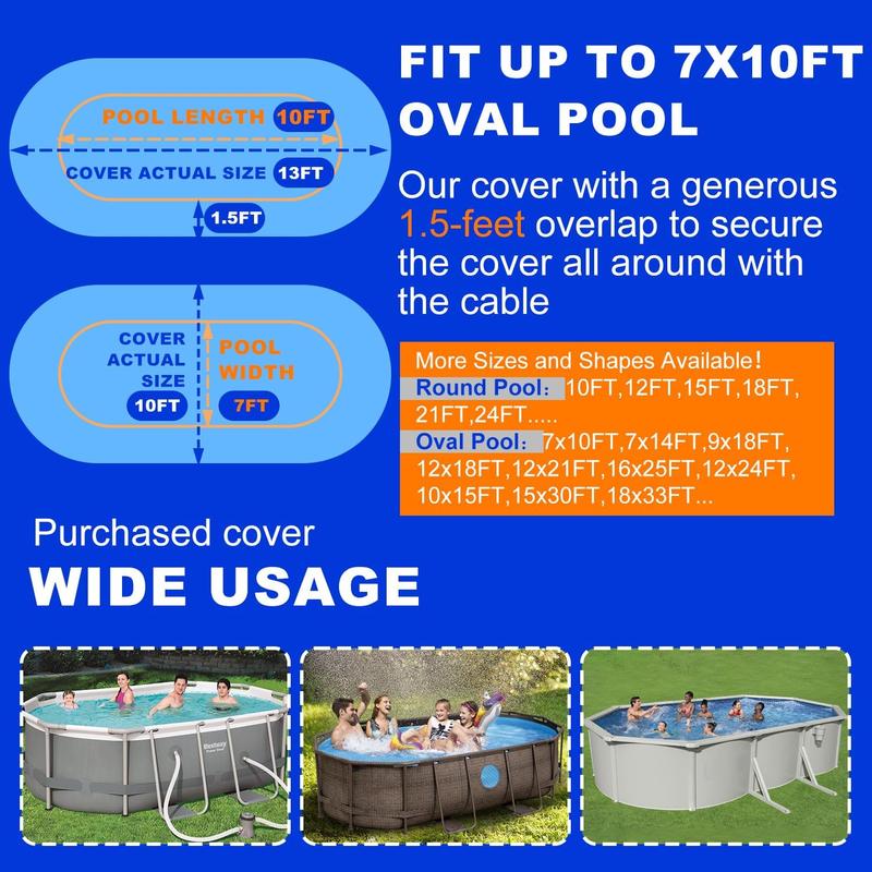 Oval Pool Cover 7x10ft for Above Ground Winter Pool,Heavy Duty Durable Tearproof PE Material,Cold-Resistant and Anti-UV,Inflatable and Frame Rectangle Swimming Pools Cover, Winch and Cable Set,Blue