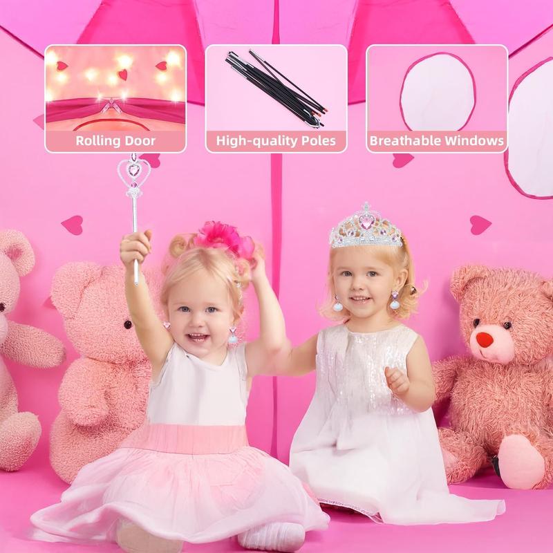 Christmas gift 13-Pcs Princess Castle Play Tent with LED Star Lights & Crown - Pink Princess Toy Tent for Girls | Indoor & Outdoor Playhouse