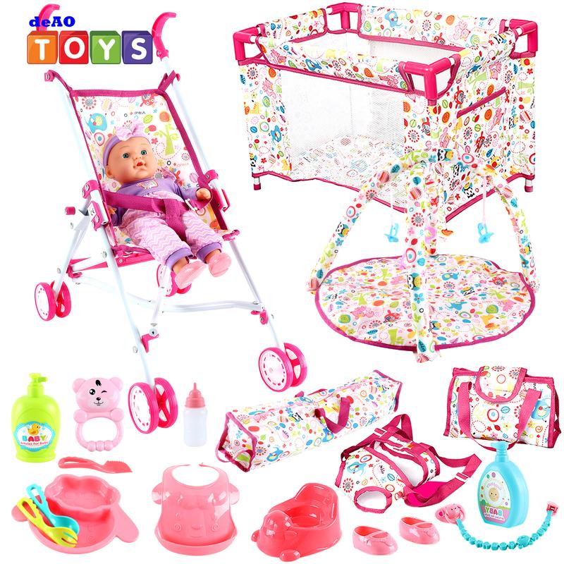 deAO Doll Stroller Nursery Role Play Set with a Variety of Feeding Toy and Play Mat Travel Cot Carrier Stroller and Travel Bag Christmas Gift