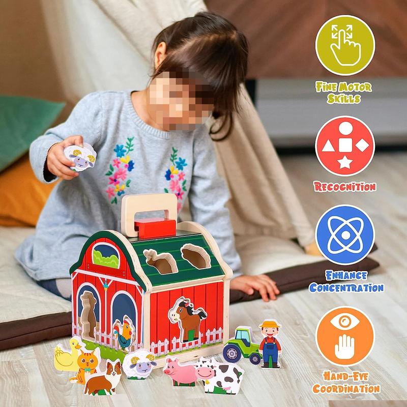 Farm Sorting Barn Toys Set for Boys Girls, Montessori Farm Animal Toys, Shape Sorter Toy for Kids, Learning Educational Toys Gifts