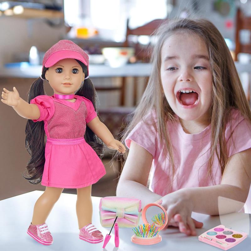 18 Inch Doll Clothes and Accessories Makeup Sets, Fashionable Dress for 18 Inch Girl Dolls, Cosmetic Bag Including Eye Shadow, Mascara, Comb, Shoes, Hat (Doll No Included)