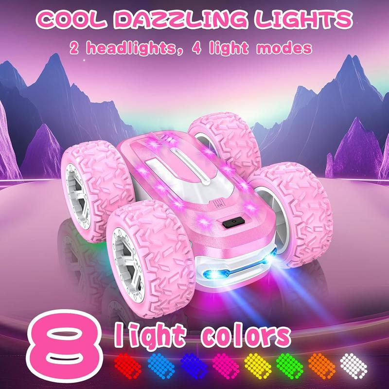 Pink Remote Control Car for Girls, RC Cars for Kids with DIY Sticker & Colorful Lights, 2.4Ghz Double Sided 360 Flips 4WD Stunt Car, Rechargeable Toy Cars for Girl Ages 4-6 5-7 6-8 8-12 Birthday Gift