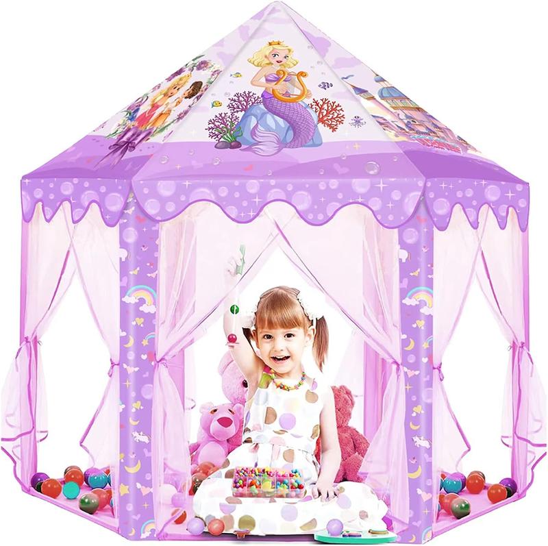 Christmas Gift Princess Tent for Girls,Kids Castle Play Tent with LED Star Lights,Large Playhouse Girl Toy Gifts Age 3+55.5