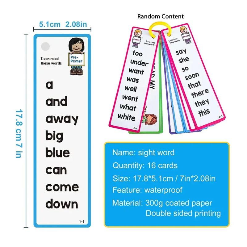 16pcs Set High Frequency English Word Flashcard, Double Sided Print Children Reading Learning Sight Word Card With Random Color Ring