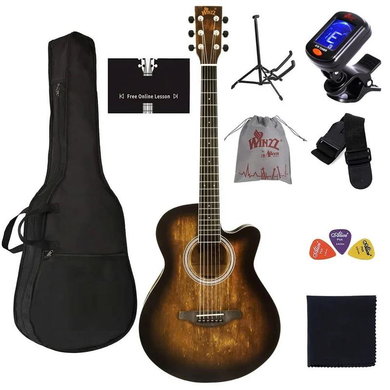 40 Inches Cutaway Acoustic Guitar Beginner Starter Bundle with Online Lessons, Padded Bag, Stand, Tuner, Strap, Picks, Brown, HAND RUBBED Series - SUNSET INSTRUMENTS