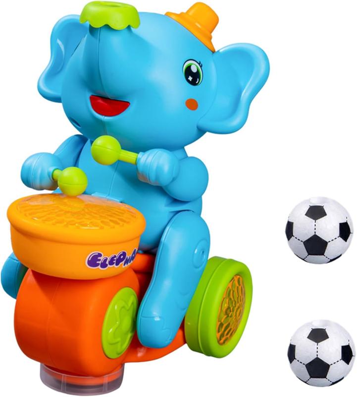 Drumming Elephant Toy,Elephant Blowing Ball Walking Car with Music Light Elephant Drummer Toy, Musical Elephant,Elephant Ball Toy (Blue)