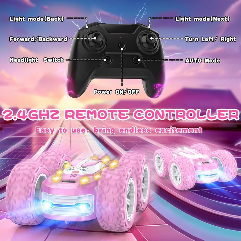 Pink Remote Control Car for Girls, RC Cars for Kids with DIY Sticker & Colorful Lights, 2.4Ghz Double Sided 360 Flips 4WD Stunt Car, Rechargeable Toy Cars for Girl Ages 4-6 5-7 6-8 8-12 Birthday Gift