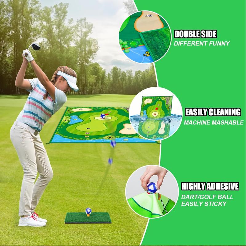 Golf Chipping & Dart Game Mat Set with Two Clubs, 6Ft x 4Ft Double-Sided Training Mat featuring 20 Sticky Balls and 10 Darts, Indoor Outdoor Game for Adults and Kids.