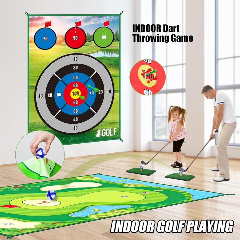 Golf Chipping & Dart Game Mat Set with Two Clubs, 6Ft x 4Ft Double-Sided Training Mat featuring 20 Sticky Balls and 10 Darts, Indoor Outdoor Game for Adults and Kids.