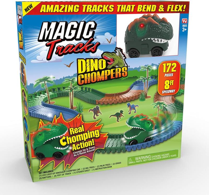 Ontel Magic Tracks Dino Chompers, 8 Feet of Track with Real Chomping Action Dino Car, Ages 3+