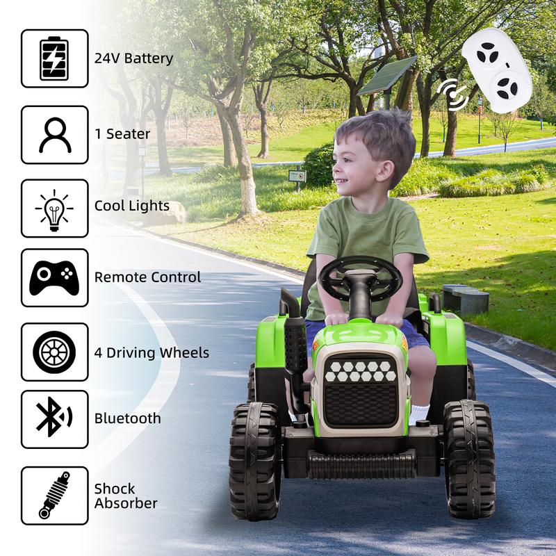 Ride on Tractor with Trailer,12V Battery Powered Electric Tractor Toy w Remote Control,electric car for kids,Three speed adjustable,Power display, USB,MP3 ,Bluetooth,LED light,Two-point safety belt