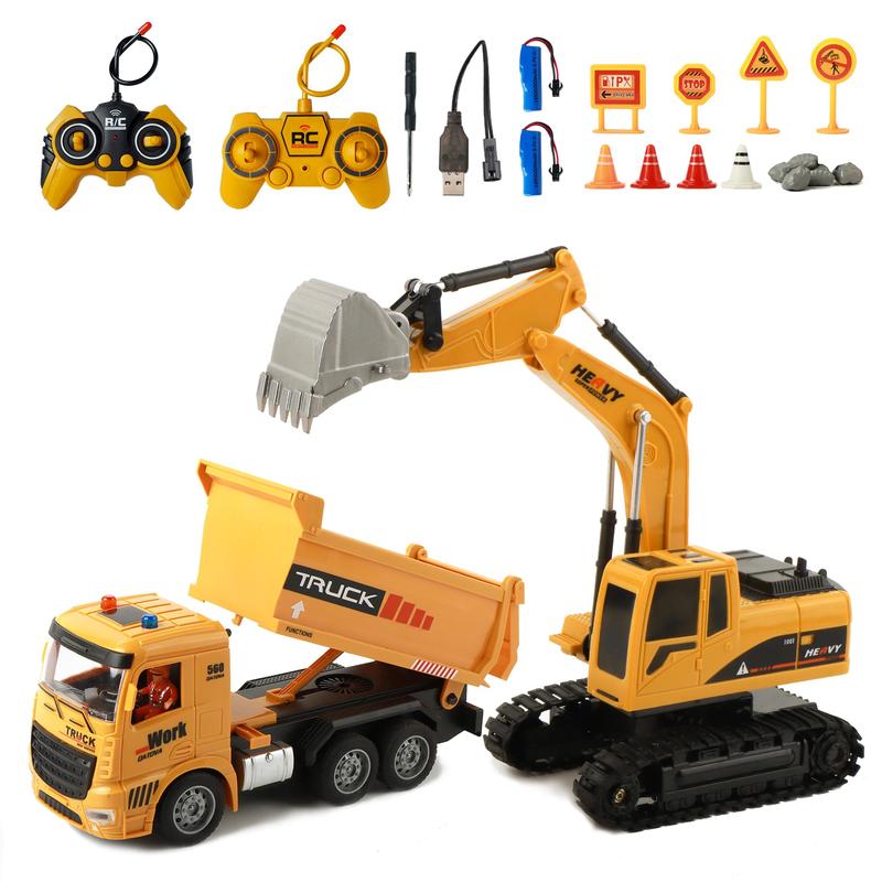 2 in 1 Remote Control Engineering Vehicle Toy Set, 1 Set Excavator & Dumper Truck Toy with Light & Music, Birthday Gift for Boys & Girls