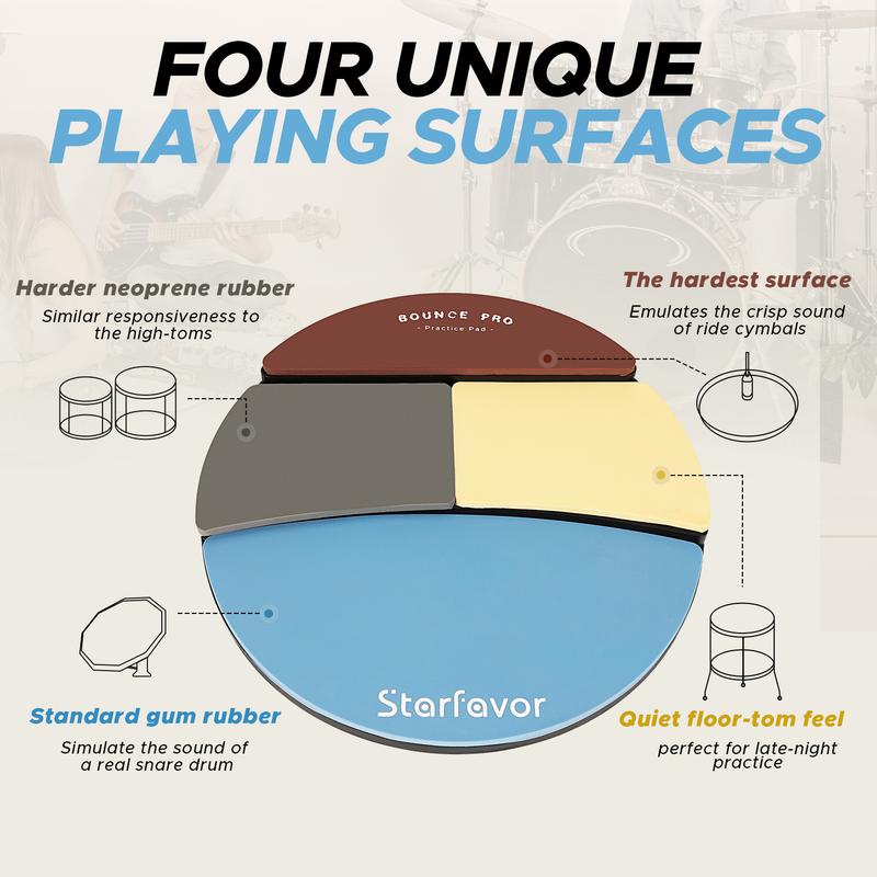 Starfavor Drum Practice Pad, 4 Surfaces Practice Drum Pad, Silent Practice Pad for Drumming with Different Playing Surface, with Drumsticks