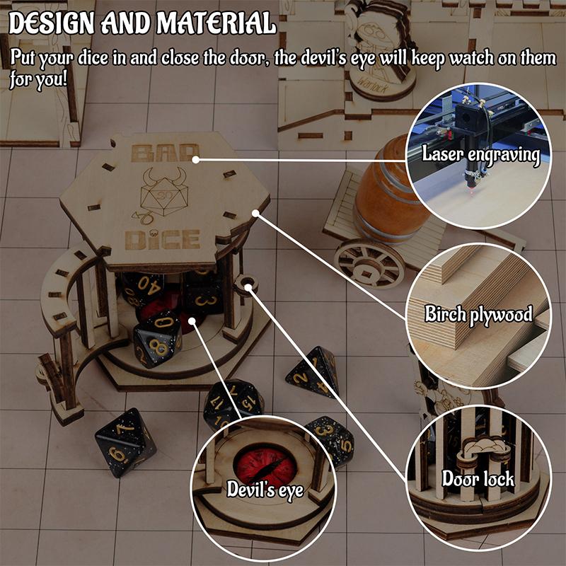 DND Dice Jail Prison with Polyhedral Dice Set Wood Cage for Your Bad Dice