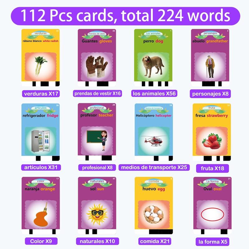 Spanish & English Talking Flash Cards for Boys & Girls 224 Sight Words Toys for Speech Training, Interactive Montessori Learning & Christmas Gifts