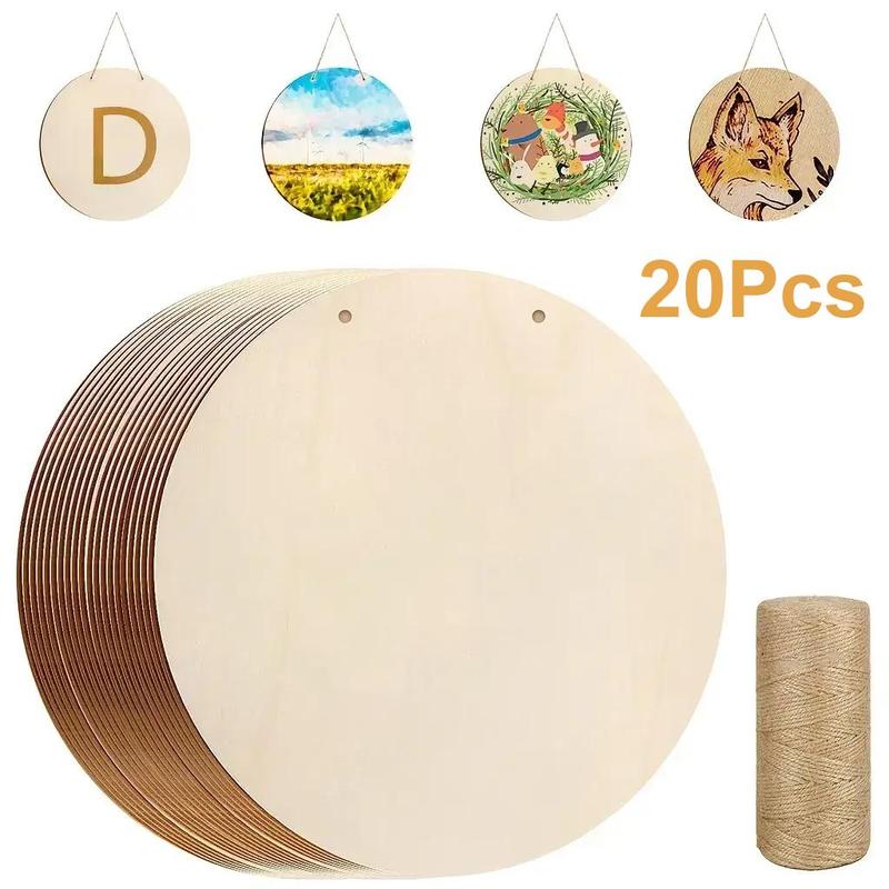 Unfinished Wood Craft, 5 10pcs DIY Wood Round with 50 Meters Hemp Rope, DIY Wood Circle, Wooden Round for Door Hanger, Home Decorations