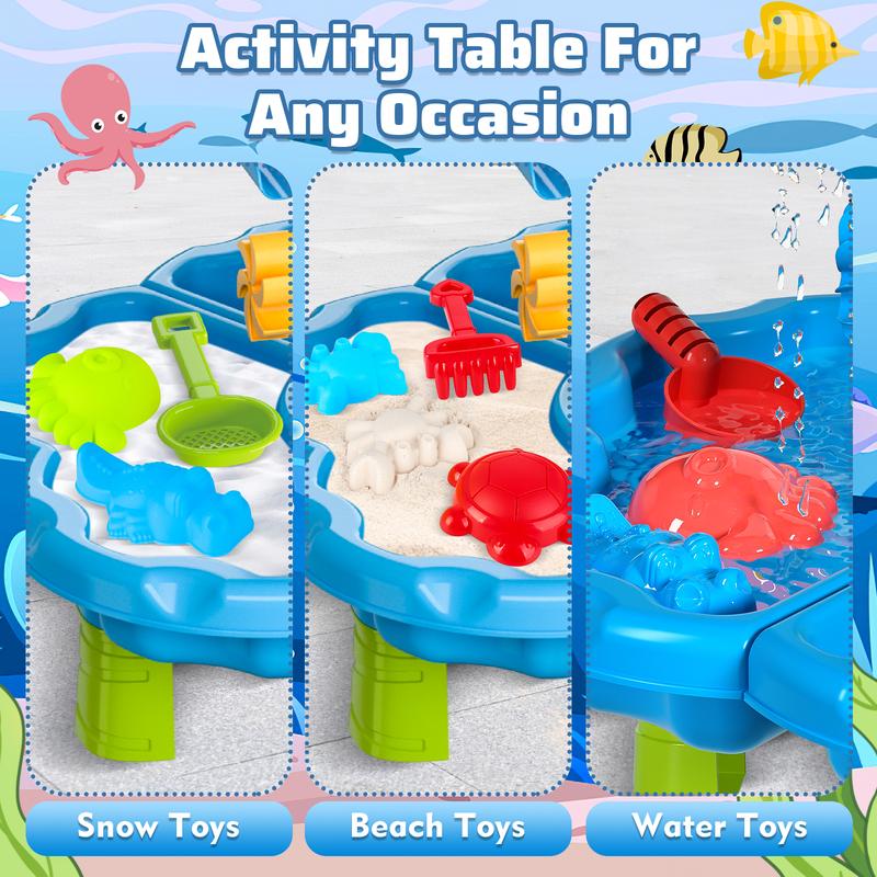 deAO 2-Tier Sand and Water Table Beach Summer Toys Sandbox Table Outdoor Activity Sensory Play Table with Dolphin Water Wheel, Molds,Sand Water Toys for Outdoor Backyard