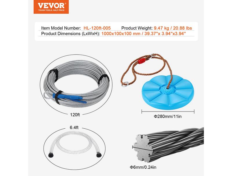 VEVOR Zipline Kit for Kids and Adult, 120 ft Zip Line Kits Up to 500 lb, Backyard Outdoor Quick Setup Zipline, Playground Entertainment with Stainless Steel Zipline, Spring Brake, Safety Harness, Seat