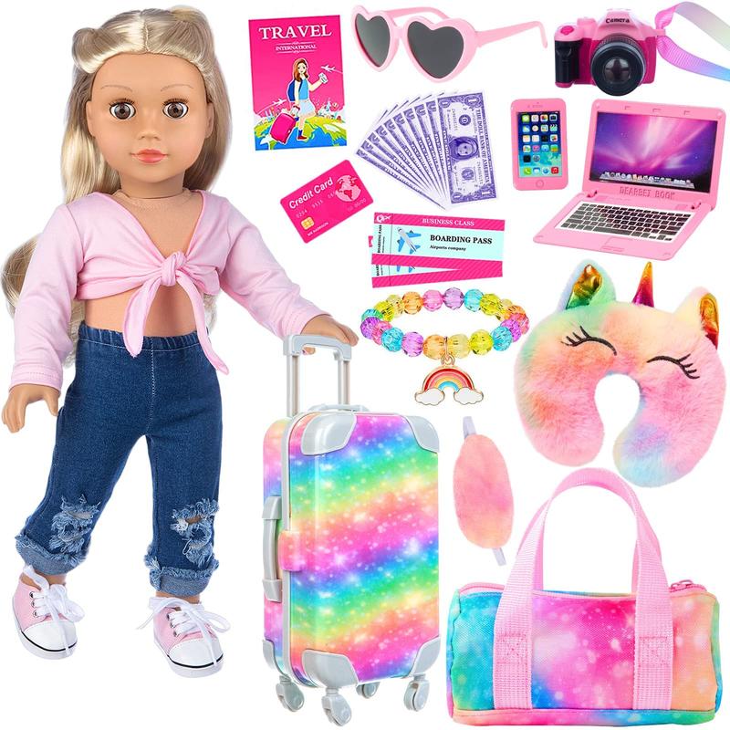 23 United States 18 Inch Doll Accessories Suitcase Luggage Travel Set - Rainbow Suitcase Rainbow Bag Camera Computer Phone Neck Pillow Eye Mask Glasses (No Doll)