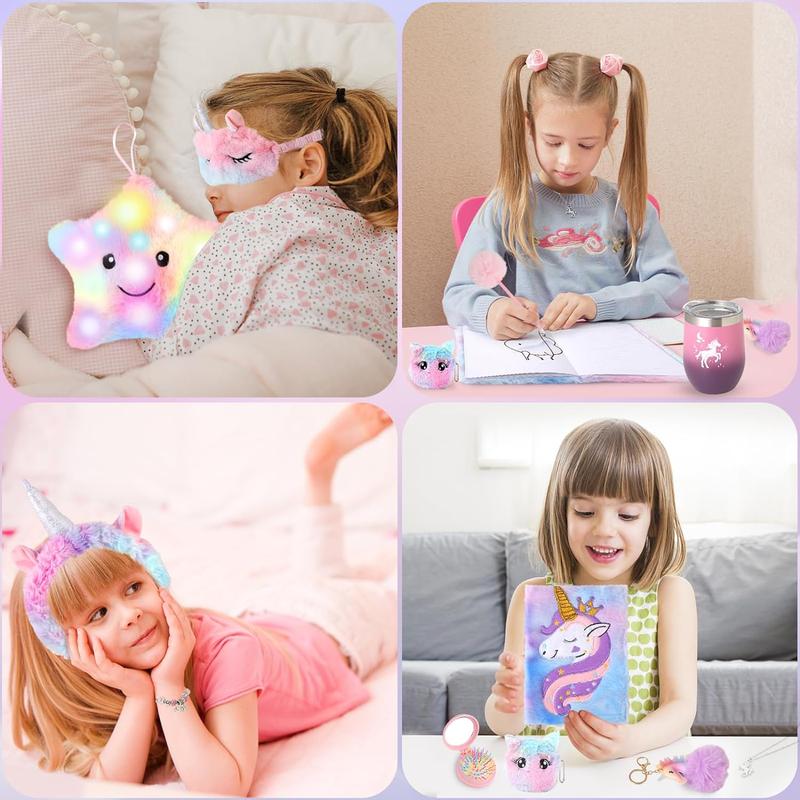 Unicorns Gifts for Girls 5 6 7 8 9 10+ Years Old, Kids Unicorn Toys with Light Up Plush Star Pillow  Diary  Headband  Eye Mask  Water Bottle, Soft Plush Toys Set for Teens Birthday Gifts Christmas