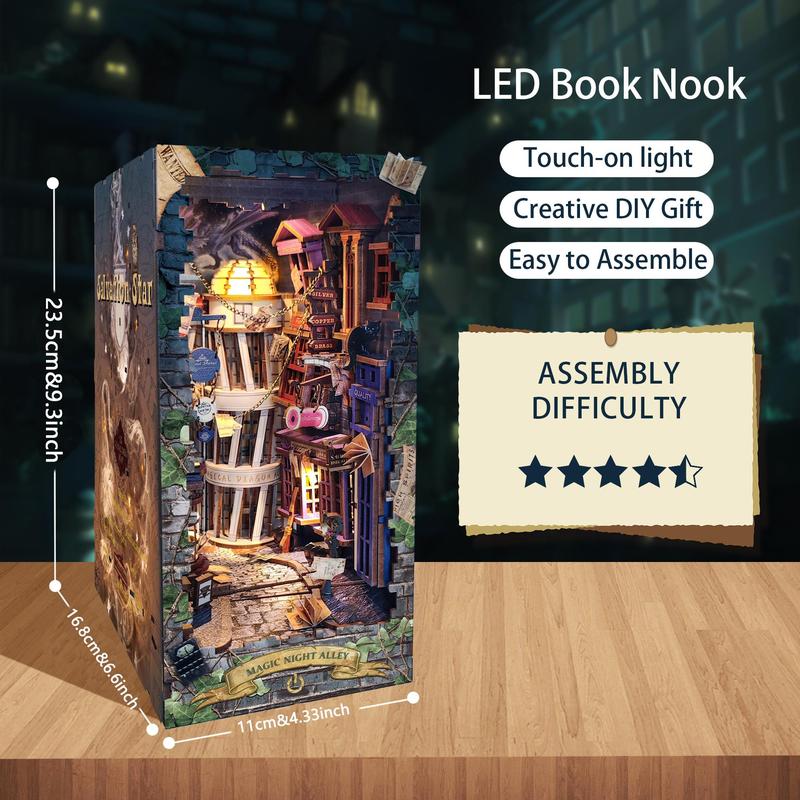 Magic Night Alley Design Book Nook, 1 Set DIY Wooden Making Decorative Alley Book Nook with Touch-on Light Effect, DIY Wooden Making Kit, Wooden DIY Package, Creative Birthday and Holiday Gift Options, Stocking Fillers