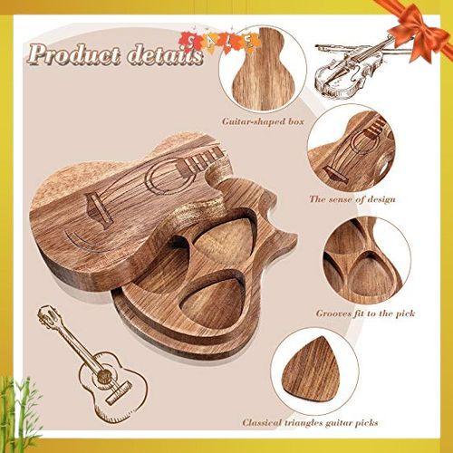 Boao Guitar Pick Box Holder with 3 Pcs Wooden Guitar Picks, Wooden Collector Engraved Guitar Pick Box Classical Triangle Guitar Picks for Present Music Instrument Guitar Bass(Classic)