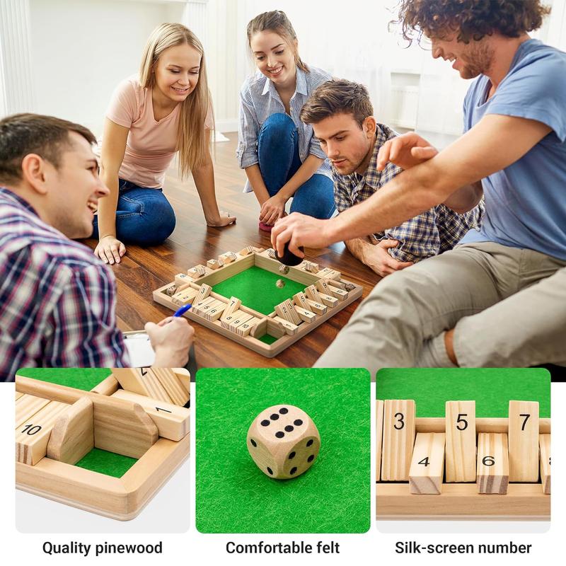 Shut The Box Dice Game, Wooden Board Table Math Game with 2 Dice and Shut, 2-4 Player Family Wooden Board Table Math Games for Adults and Kids