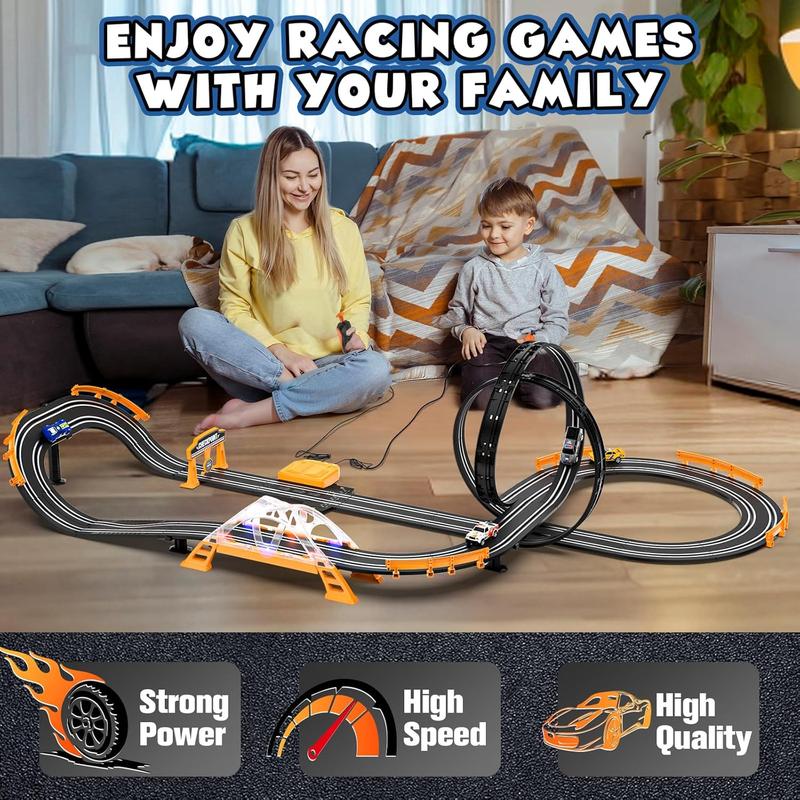 Slot Car Race Track Sets with 4 Slot Cars, Electric Race Car Track Include Slope Circular Overpass Track, Dual Racing Game Featuring Flash Bridge and Pendulum, Gifts Toys for Boys Kids Age 6 7 8-12