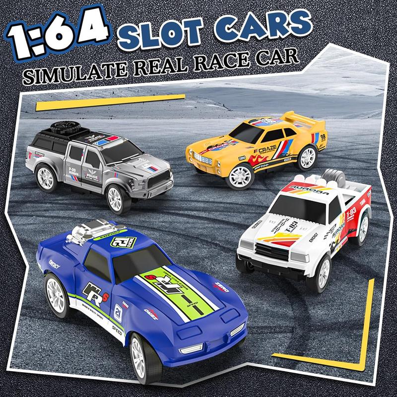 Slot Car Race Track Sets with 4 Slot Cars, Electric Race Car Track Include Slope Circular Overpass Track, Dual Racing Game Featuring Flash Bridge and Pendulum, Gifts Toys for Boys Kids Age 6 7 8-12