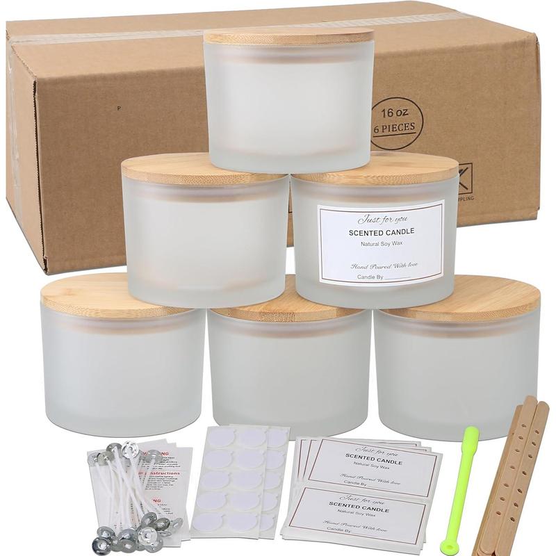 6 Pack 16 oz Candle Jars with  Lids and Candle Making Kits - 3 Wick Candle Jars,Bulk Empty Frosted White Thick Glass Candle Jars for Making Large Candles- , Powder Containers.