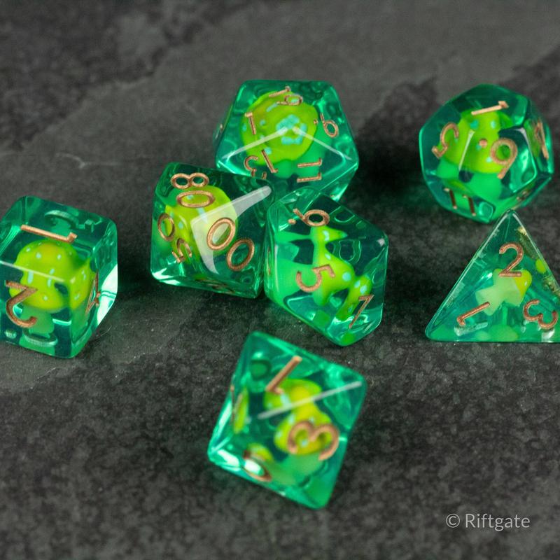 Yellow + Green Mushroom Inclusion DnD Dice Set - Dice for Dungeons and Dragons, D&D Dice, RPG Dice