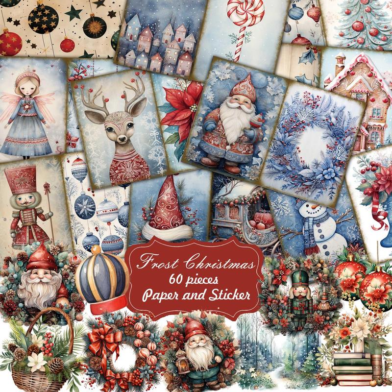 Christmas Themed DIY Writing Junk Set, 60pcs set Holiday Party Scrapbooking Supplies, DIY Crafts, Christmas Decoration, Background Pad [12 Paper Cards & 48 Stickers]